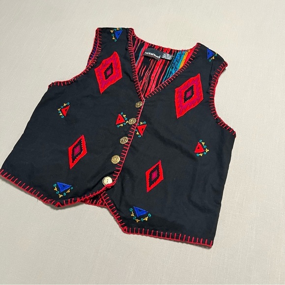 Vintage Notations Embroidered Southwestern Vest Black Red Geometric Size M - Picture 2 of 9